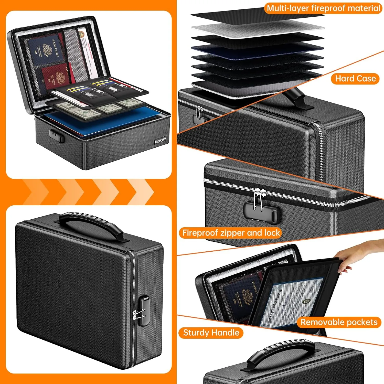 ENGPOW Fireproof Document Box, Hard Case File Box with Fireproof ZipperLock, 6400F Heat Insulated Fire and Water Resistant Portable File Organizer Storage Home Safe for Documents Laptop Cash Black