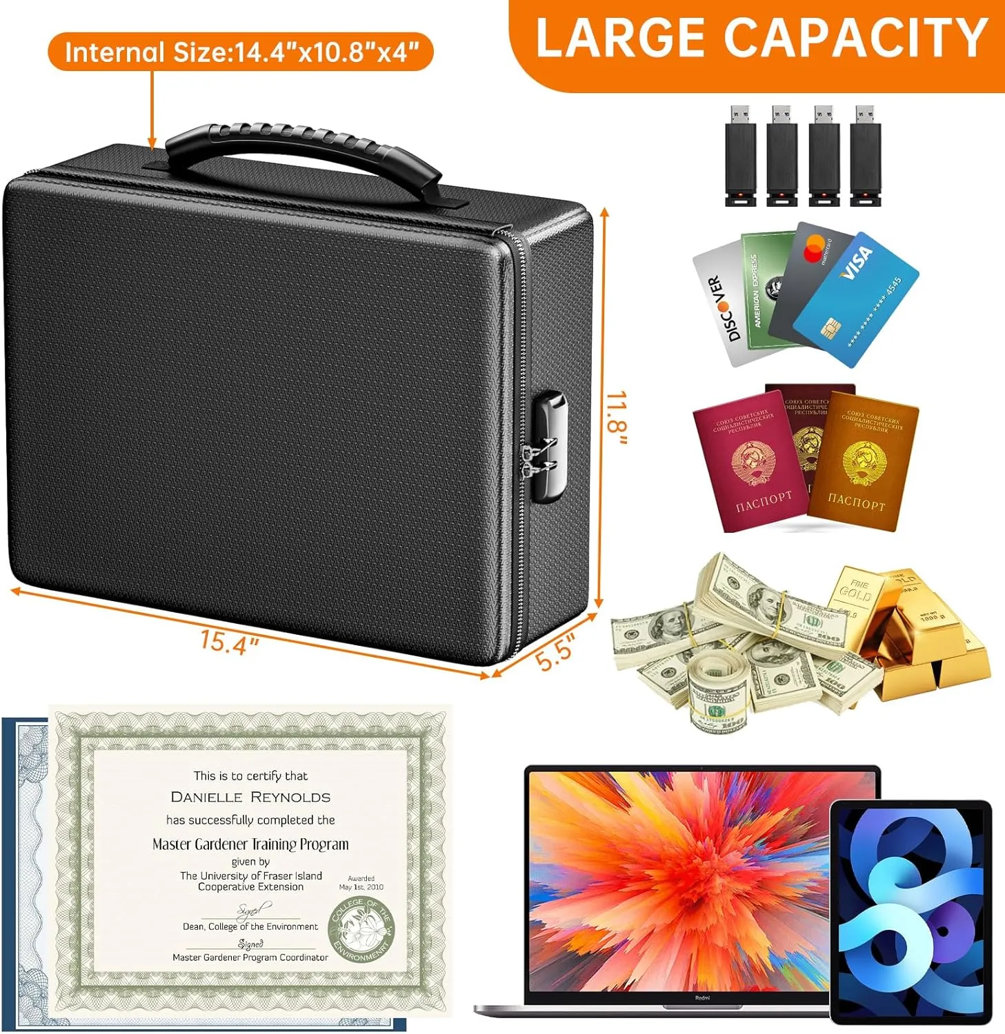 ENGPOW Fireproof Document Box, Hard Case File Box with Fireproof ZipperLock, 6400F Heat Insulated Fire and Water Resistant Portable File Organizer Storage Home Safe for Documents Laptop Cash Black