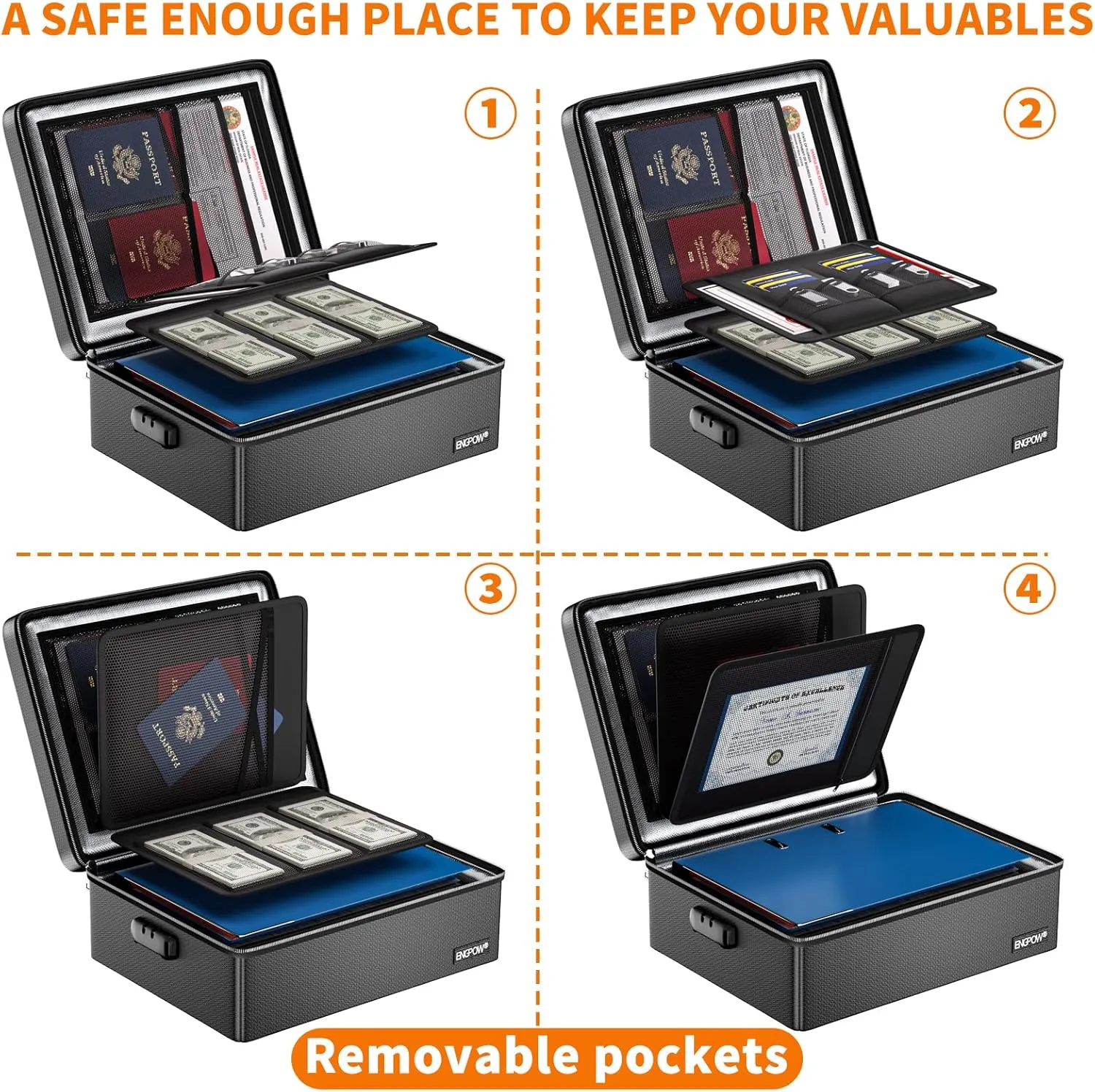 ENGPOW Fireproof Document Box, Hard Case File Box with Fireproof ZipperLock, 6400F Heat Insulated Fire and Water Resistant Portable File Organizer Storage Home Safe for Documents Laptop Cash Black
