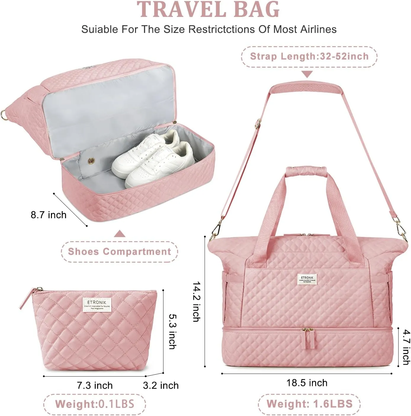 ETRONIK Travel Bag for Women, Gym Duffel Bag with USB Charging Port, Weekender Overnight Bag with Wet Pocket and Shoes Compartment for Women Travel Gym Daily Use (Pink)