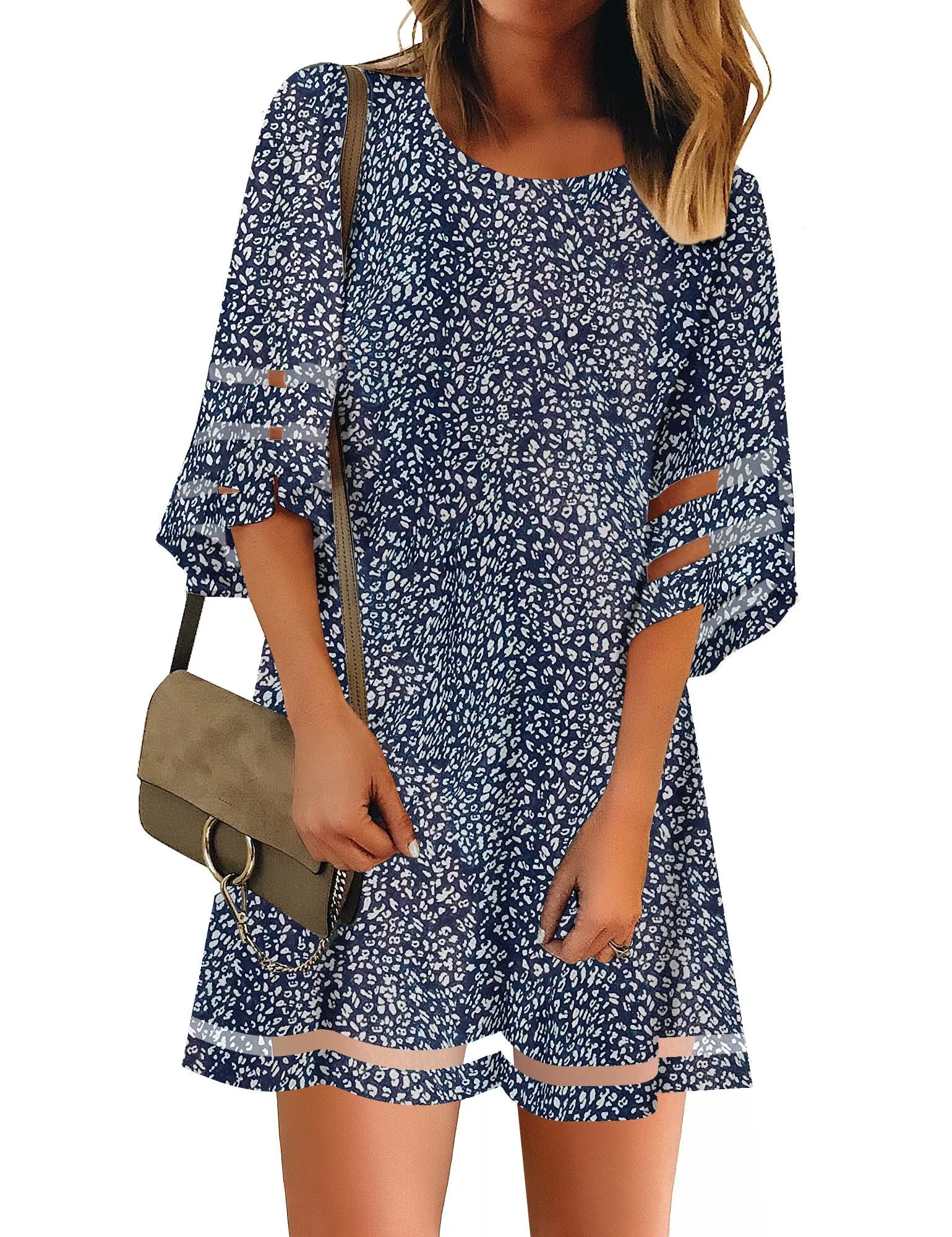 Floral Printed Blue Women Casual Crewneck Mesh Panel 3/4 Bell Sleeve Loose Tunic Dress