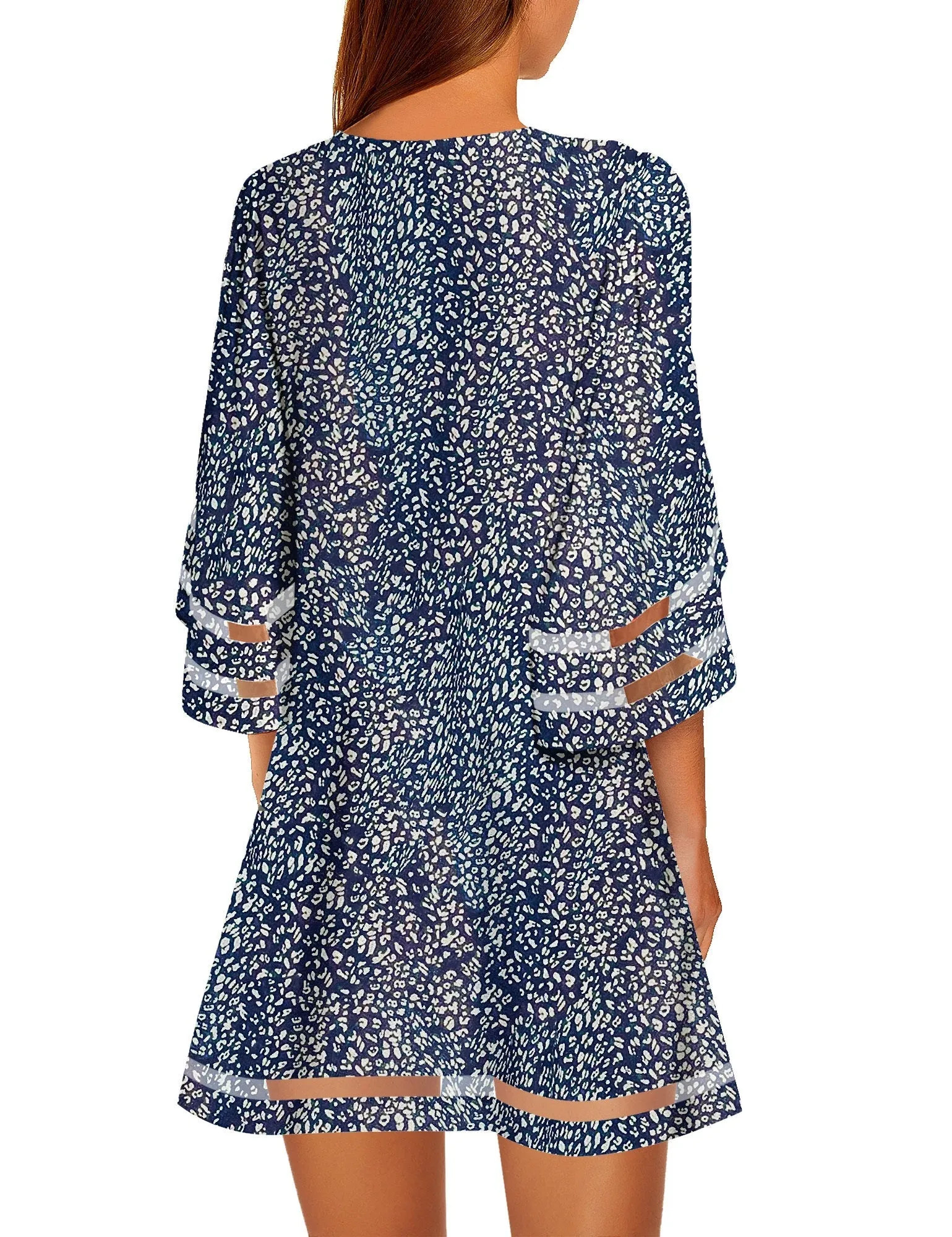 Floral Printed Blue Women Casual Crewneck Mesh Panel 3/4 Bell Sleeve Loose Tunic Dress