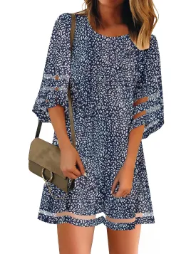 Floral Printed Blue Women Casual Crewneck Mesh Panel 3/4 Bell Sleeve Loose Tunic Dress