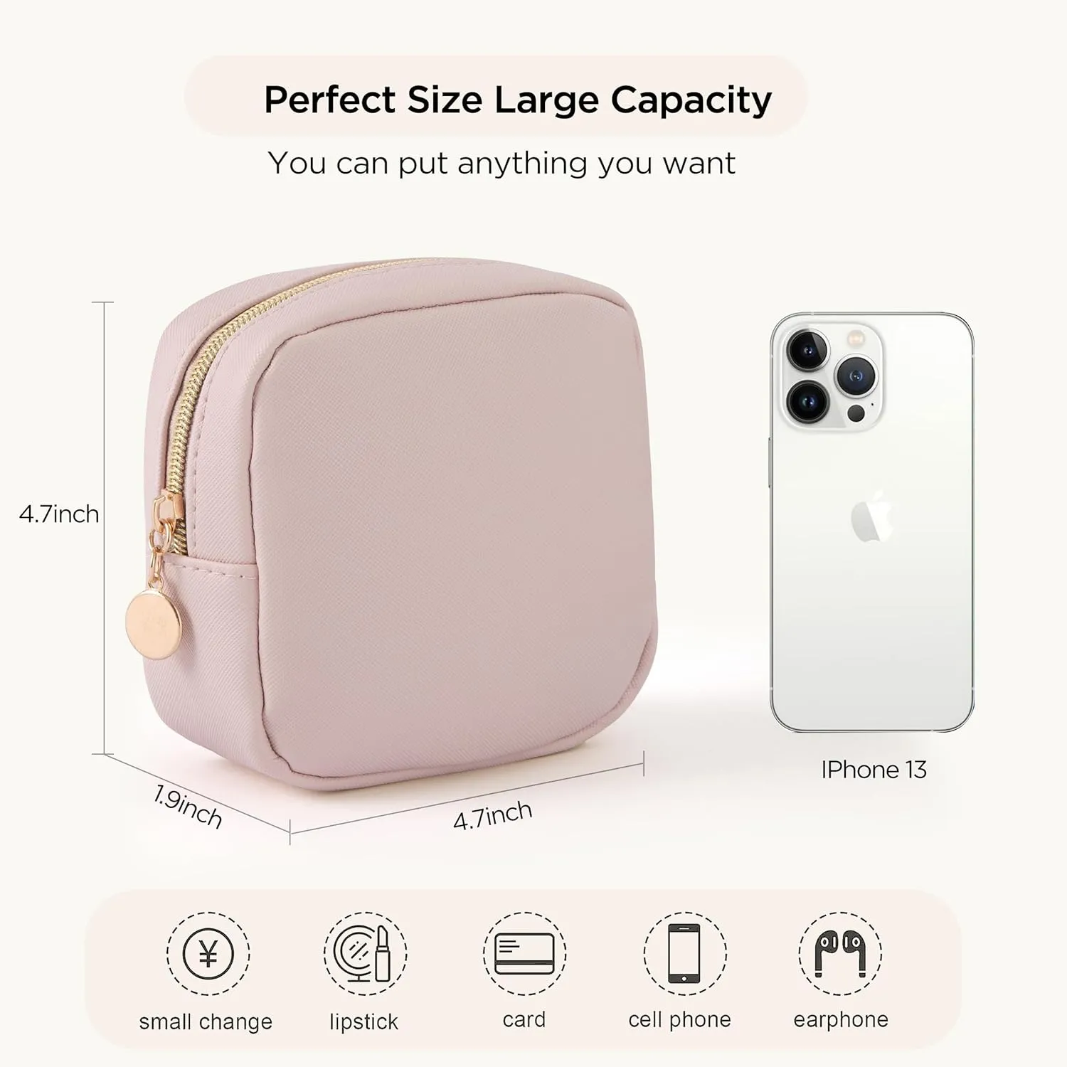 HBselect Small Makeup Bag for Purse Mini Make up Pouch Cute Cosmetic Pouch Make Up Organizer Case for Backpack Toiletry Bag Waterproof Square Pouch with Zipper for Women with Slip-in Pockets