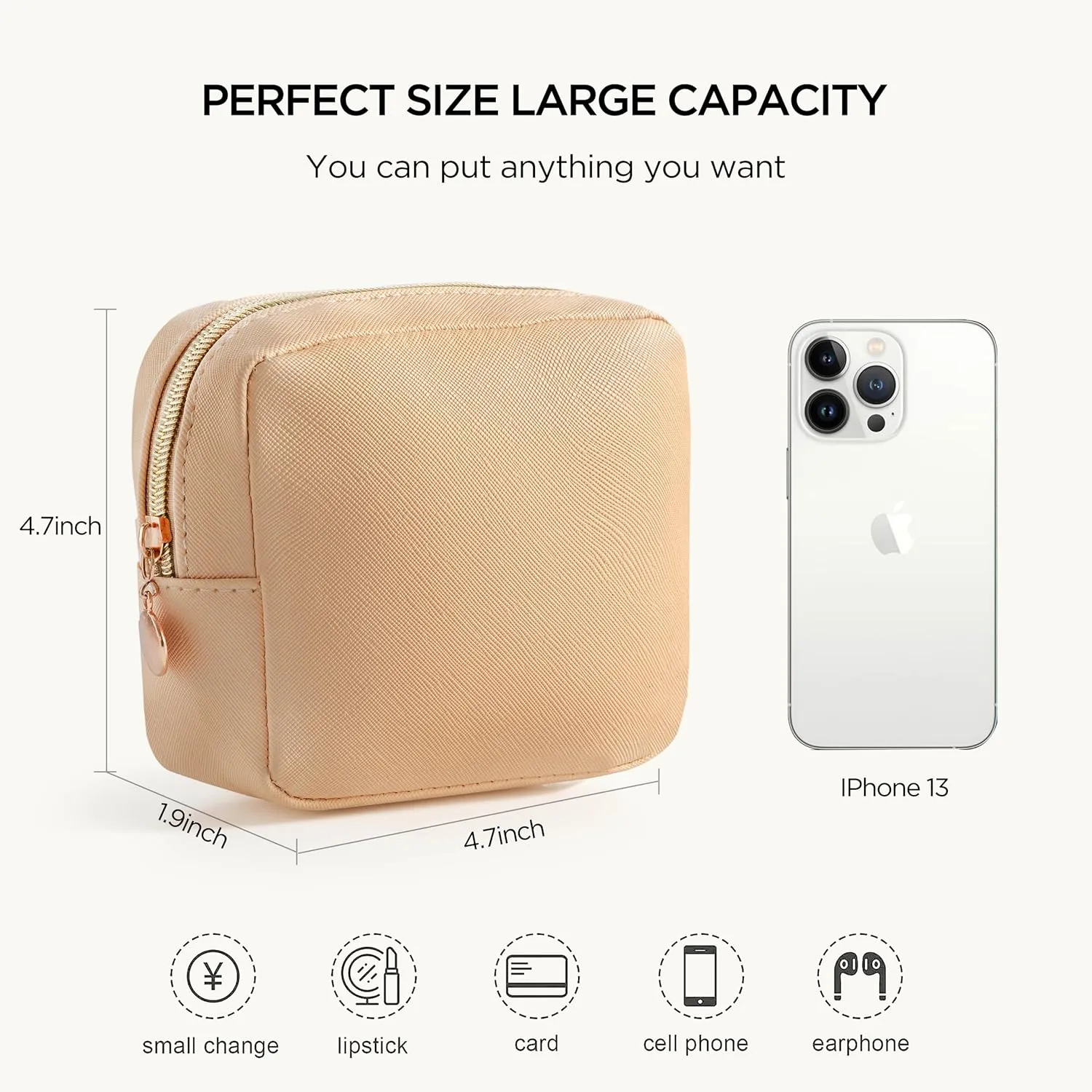HBselect Small Makeup Bag for Purse Mini Make up Pouch Cute Cosmetic Pouch Make Up Organizer Case for Backpack Toiletry Bag Waterproof Square Pouch with Zipper for Women with Slip-in Pockets