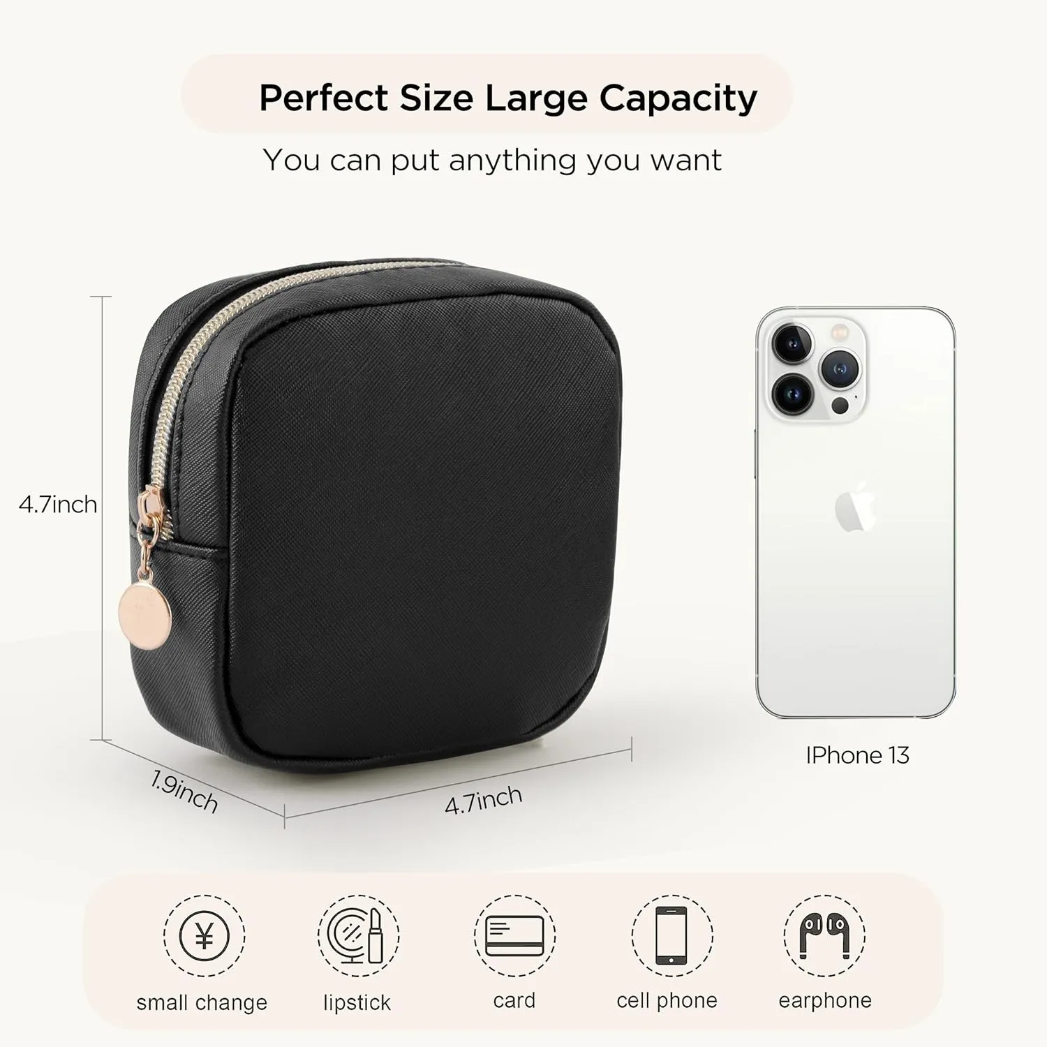 HBselect Small Makeup Bag for Purse Mini Make up Pouch Cute Cosmetic Pouch Make Up Organizer Case for Backpack Toiletry Bag Waterproof Square Pouch with Zipper for Women with Slip-in Pockets