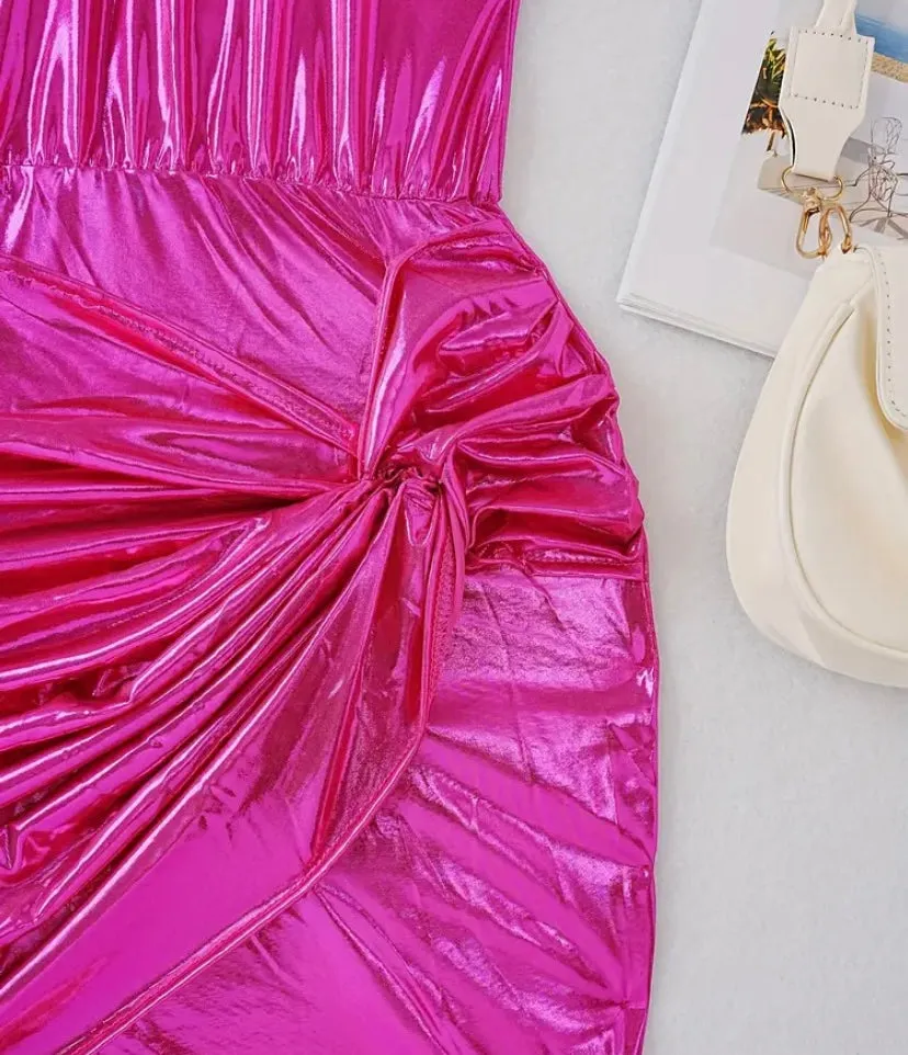 Hot Pink Girls Metallic Foil Dress