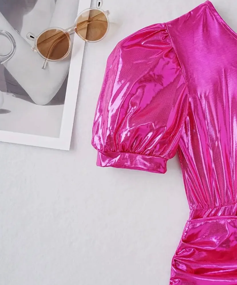 Hot Pink Girls Metallic Foil Dress