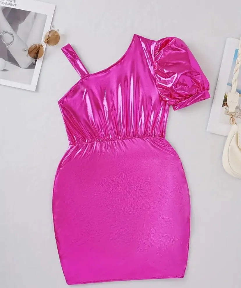 Hot Pink Girls Metallic Foil Dress