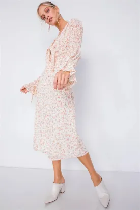 Ivory Minimalist Floral Tiered Cinched Puff Sleeve Midi Dress /3-2