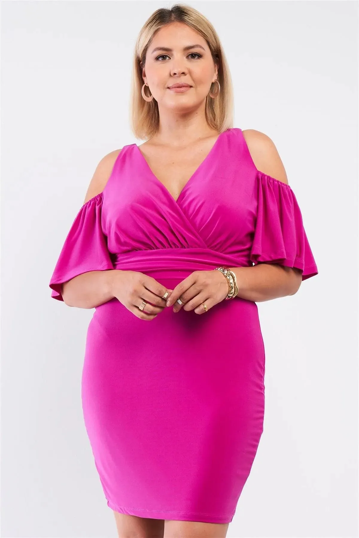 Junior Plus Orchid Off-The-Shoulder Plunging Wrap V-Neck Fitted Mini Dress /1-1-1