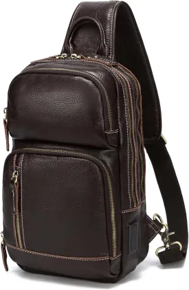 LANNSYNE Full Grain Leather Sling Bag For Men Crossbody Chest Daypack fits 10.5" iPad