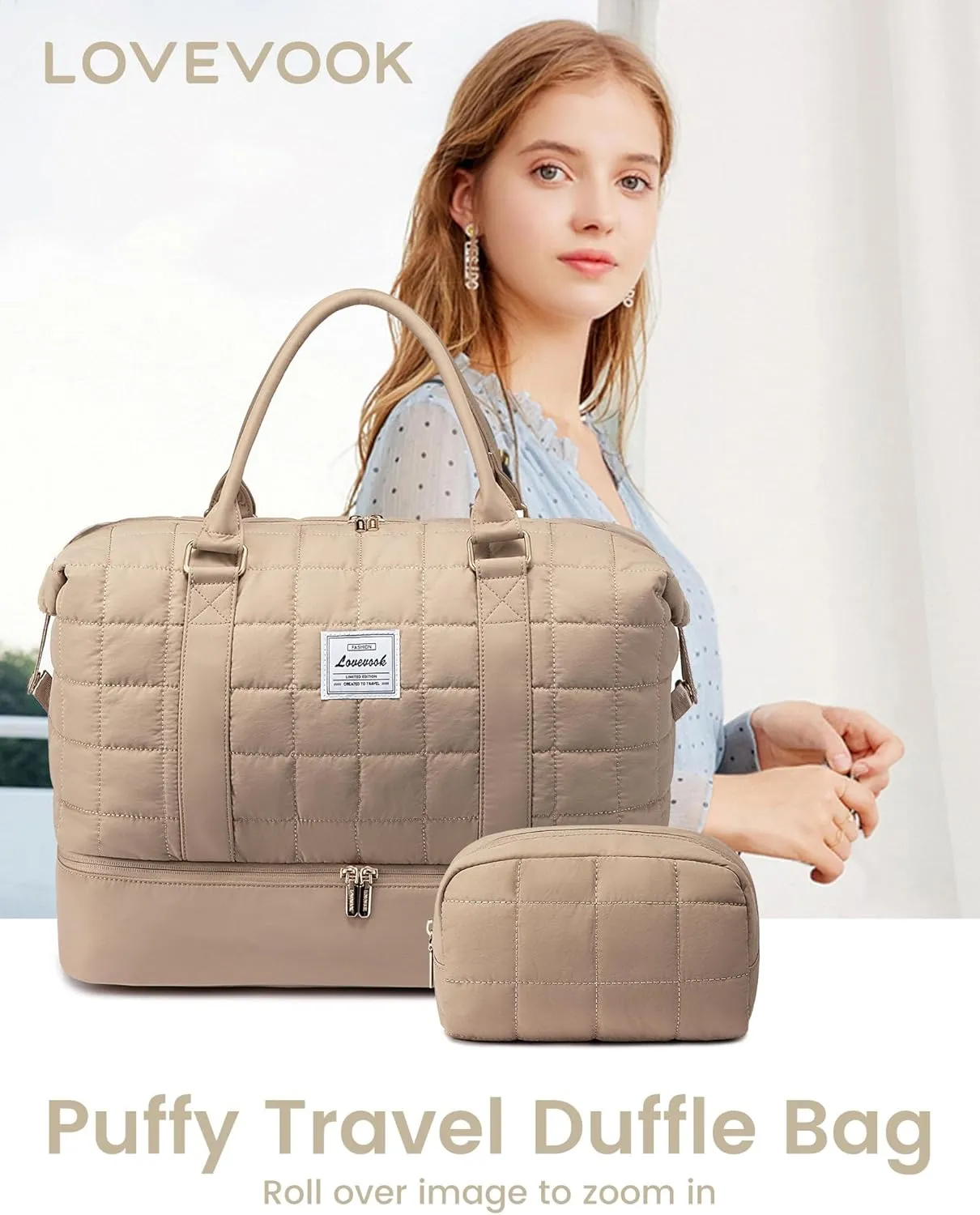 LOVEVOOK Large Duffle Bag for Travel, Puffer Weekend Bags for Women Travel Tote, Carry on Duffel Bag for Airplanes, 18 Inch Personal Item Bag Gym Bag Women, Coffee