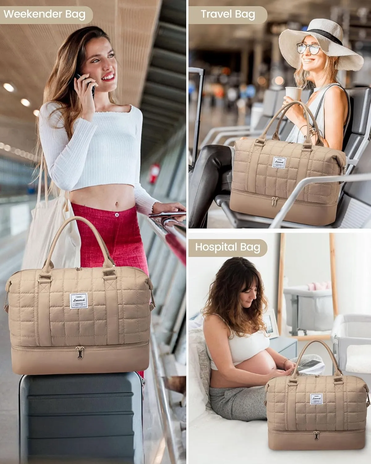 LOVEVOOK Large Duffle Bag for Travel, Puffer Weekend Bags for Women Travel Tote, Carry on Duffel Bag for Airplanes, 18 Inch Personal Item Bag Gym Bag Women, Coffee