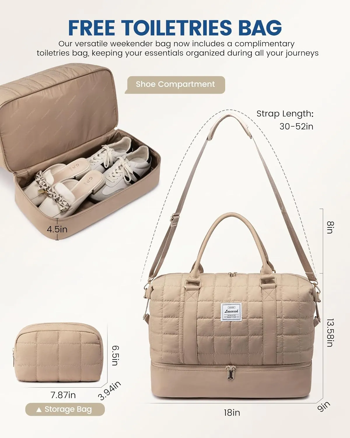LOVEVOOK Large Duffle Bag for Travel, Puffer Weekend Bags for Women Travel Tote, Carry on Duffel Bag for Airplanes, 18 Inch Personal Item Bag Gym Bag Women, Coffee
