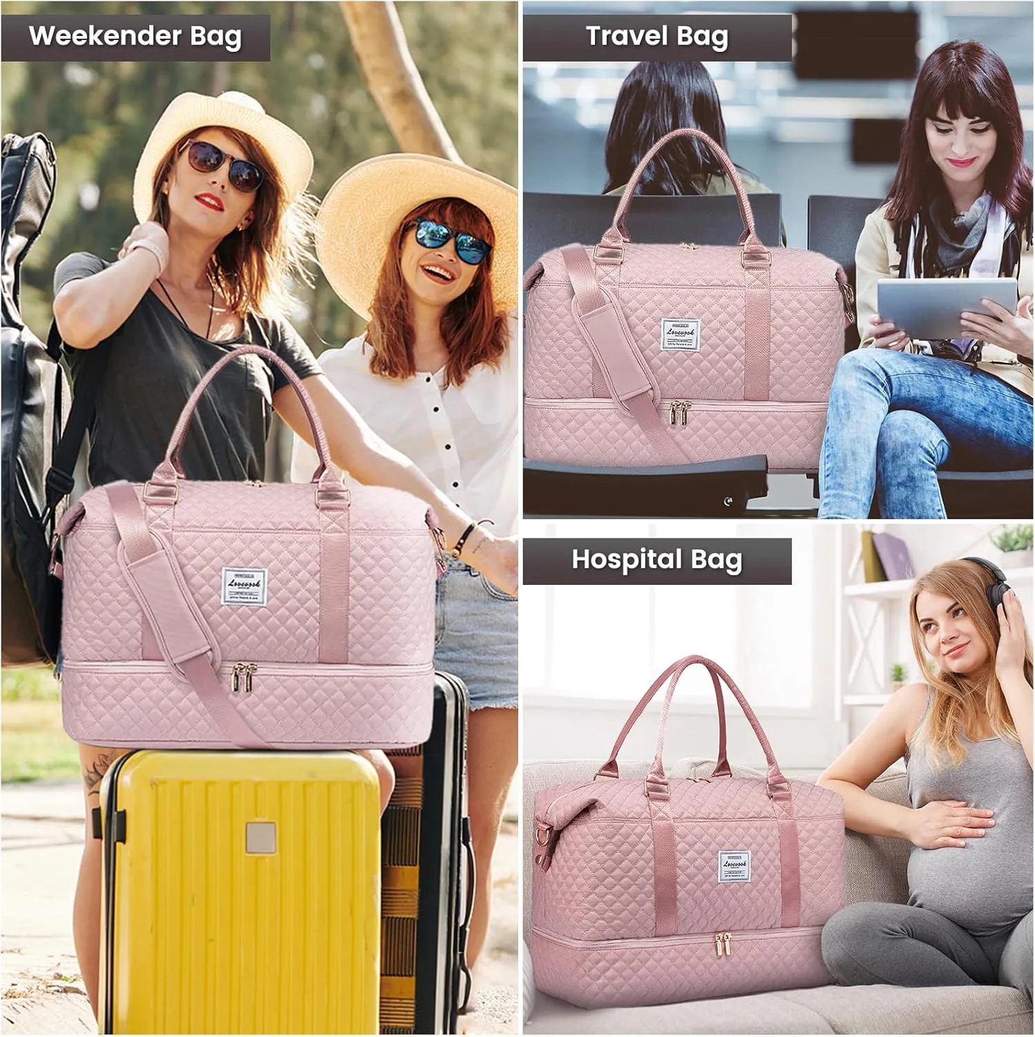 LOVEVOOK Travel Duffle Bag,Weekender Bags for Women with Shoe CompartmentCarry on Overnight Bag with Toiletry Bag,Gym Duffel Bag with Wet Pocket, Hospital Bags for Labor and Delivery