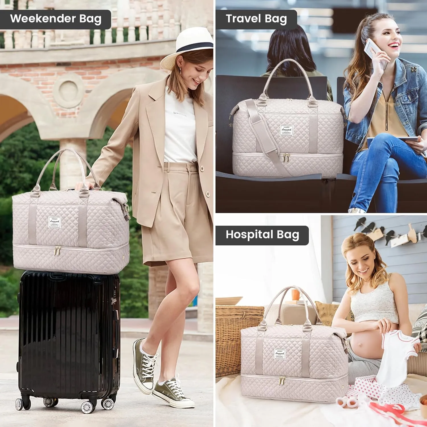 LOVEVOOK Travel Duffle Bag,Weekender Bags for Women with Shoe CompartmentCarry on Overnight Bag with Toiletry Bag,Gym Duffel Bag with Wet Pocket, Hospital Bags for Labor and Delivery
