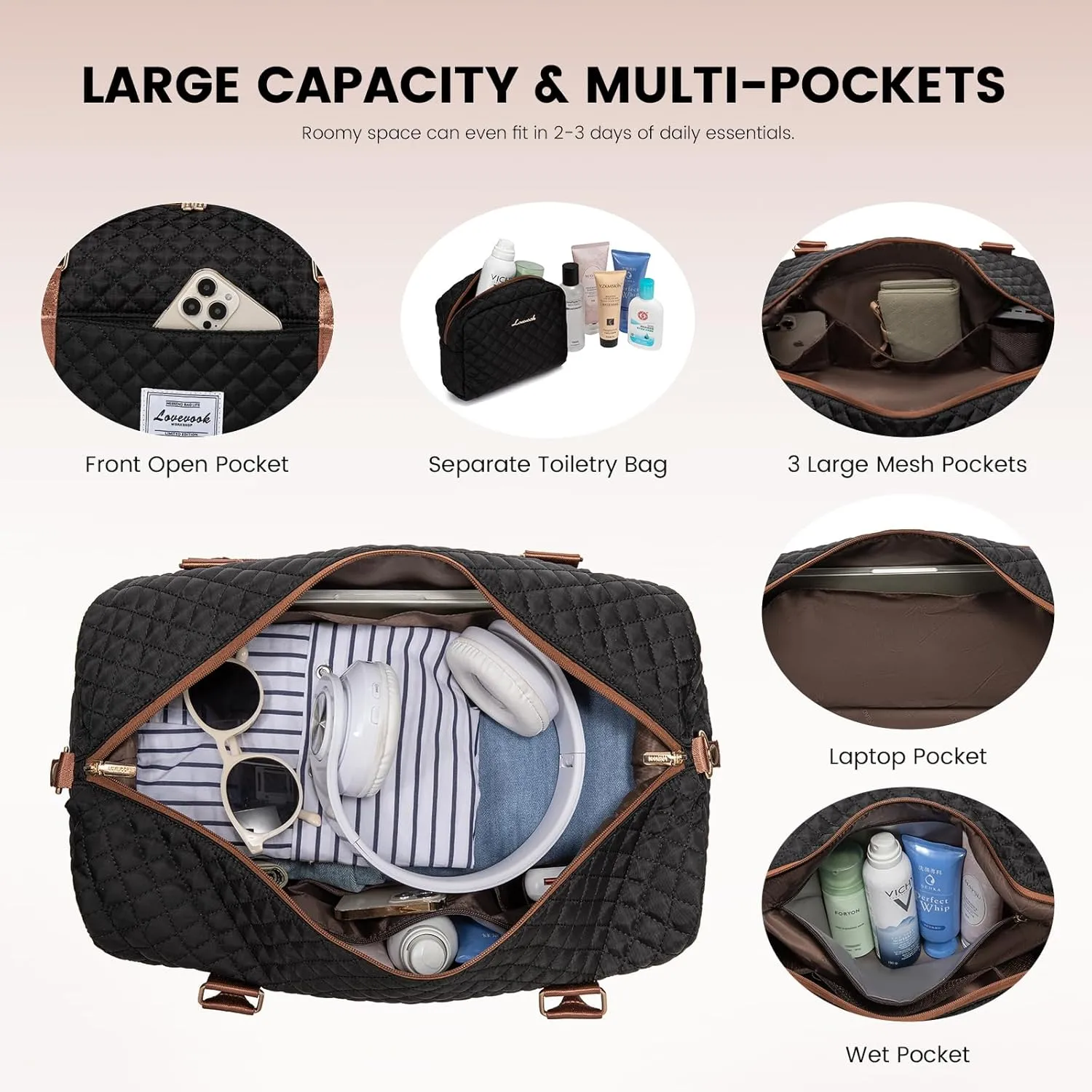 LOVEVOOK Travel Duffle Bag,Weekender Bags for Women with Shoe CompartmentCarry on Overnight Bag with Toiletry Bag,Gym Duffel Bag with Wet Pocket, Hospital Bags for Labor and Delivery
