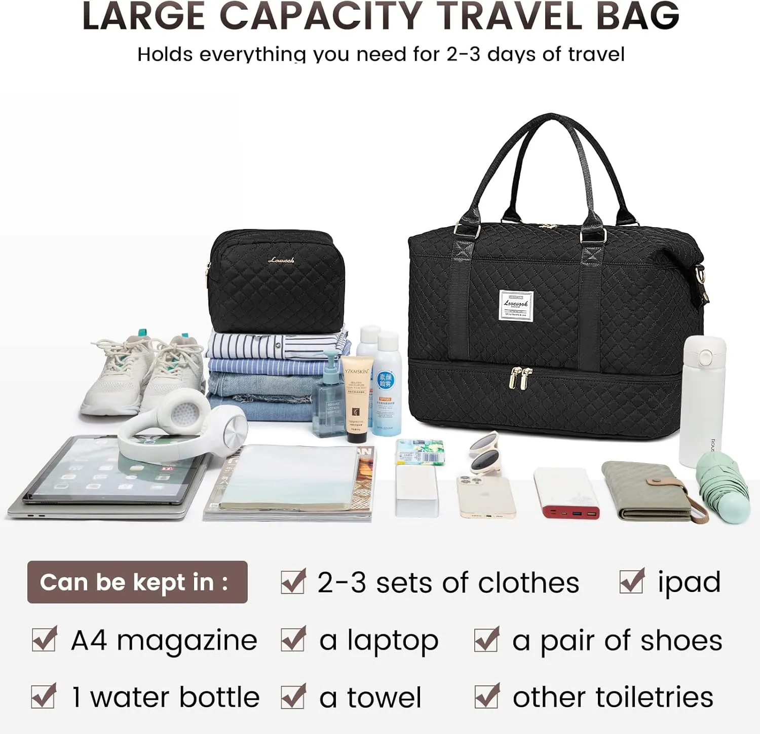 LOVEVOOK Travel Duffle Bag,Weekender Bags for Women with Shoe CompartmentCarry on Overnight Bag with Toiletry Bag,Gym Duffel Bag with Wet Pocket, Hospital Bags for Labor and Delivery