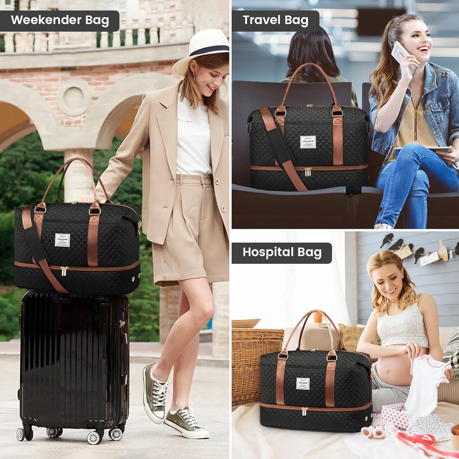 LOVEVOOK Travel Duffle Bag,Weekender Bags for Women with Shoe CompartmentCarry on Overnight Bag with Toiletry Bag,Gym Duffel Bag with Wet Pocket, Hospital Bags for Labor and Delivery