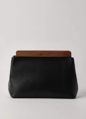 Luxurious Black Genuine Leather Clutch Handbag Walnut Wood Accents
