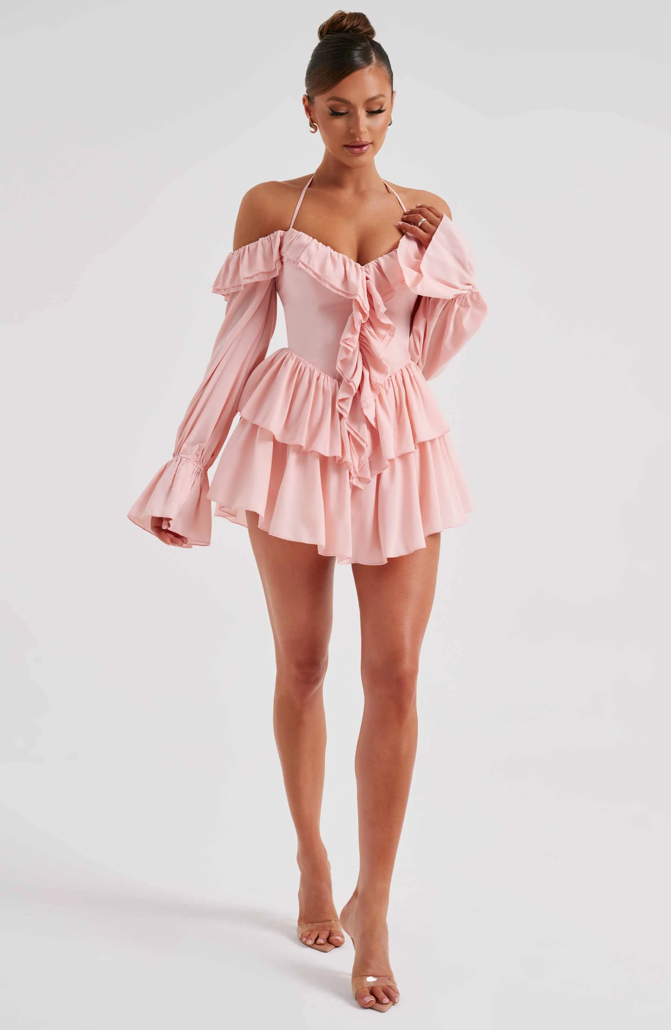 LYON OFF SHOULDER RUFFLE MINI DRESS - Pink
