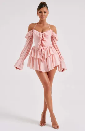 LYON OFF SHOULDER RUFFLE MINI DRESS - Pink