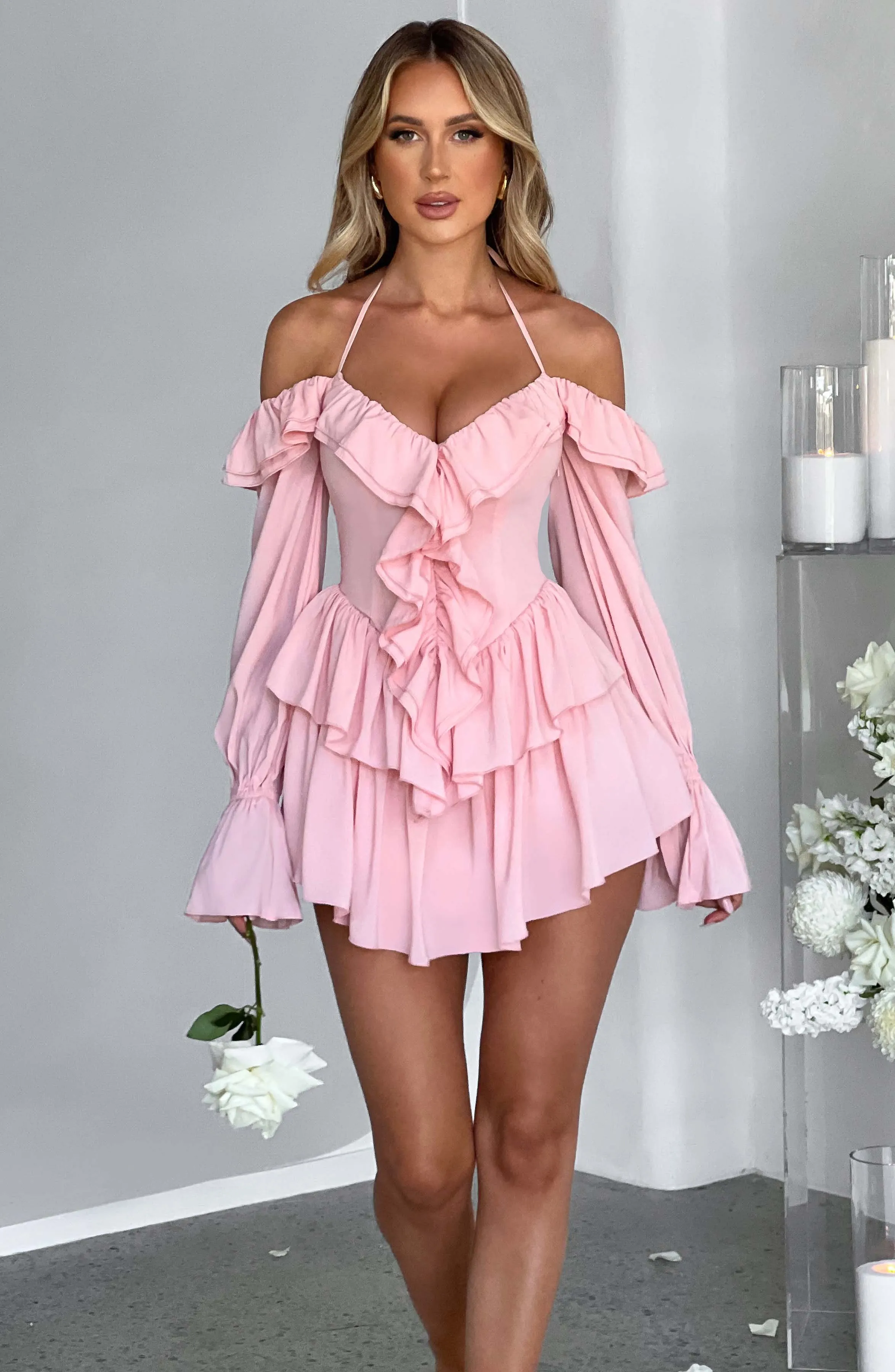 LYON OFF SHOULDER RUFFLE MINI DRESS - Pink