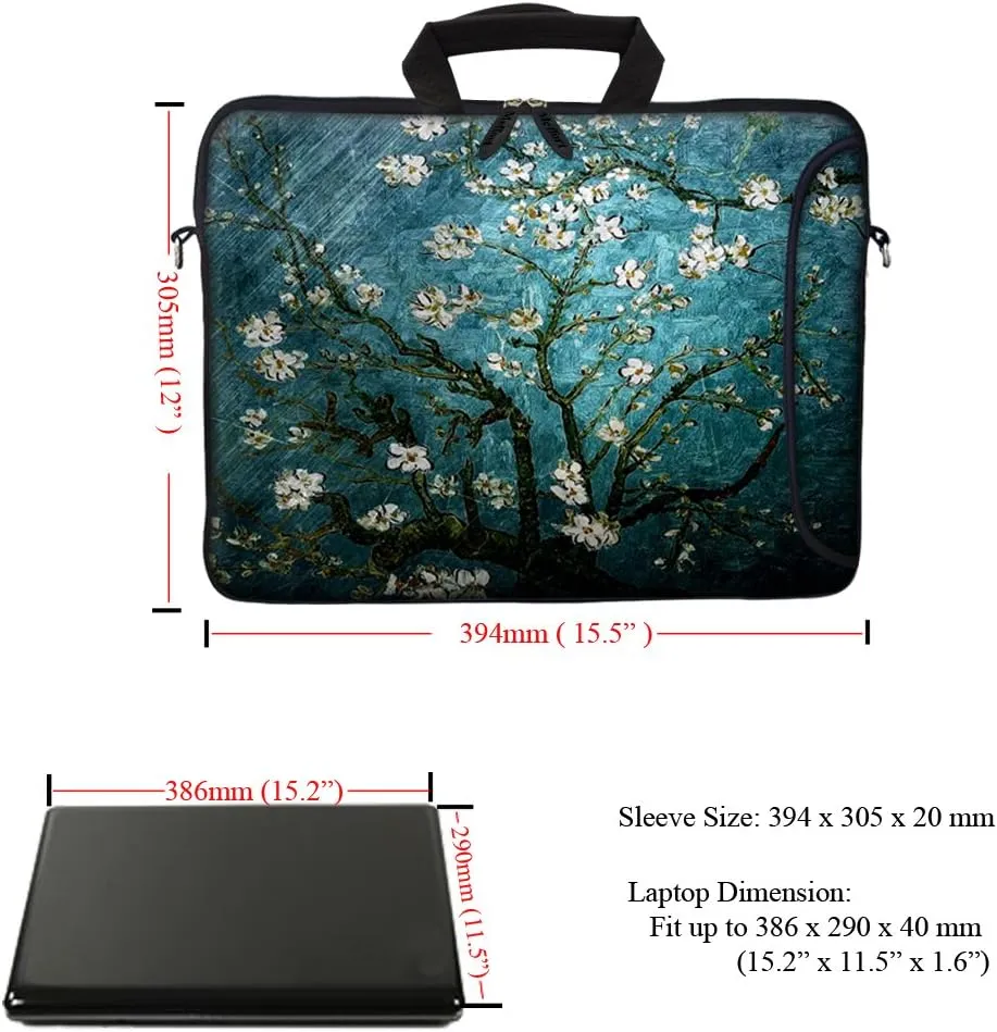 Meffort Inc 15.6 Inch Neoprene Laptop Bag  Water Resistant, Reinforced Zipper, Adjustable Shoulder Strap, Extra Side Pocket, Fits 15 to 15.6 Inch Laptops - Almond Blossoming