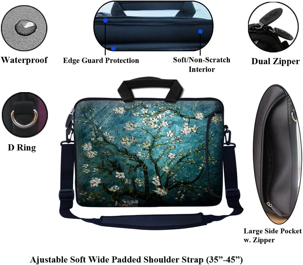 Meffort Inc 15.6 Inch Neoprene Laptop Bag  Water Resistant, Reinforced Zipper, Adjustable Shoulder Strap, Extra Side Pocket, Fits 15 to 15.6 Inch Laptops - Almond Blossoming