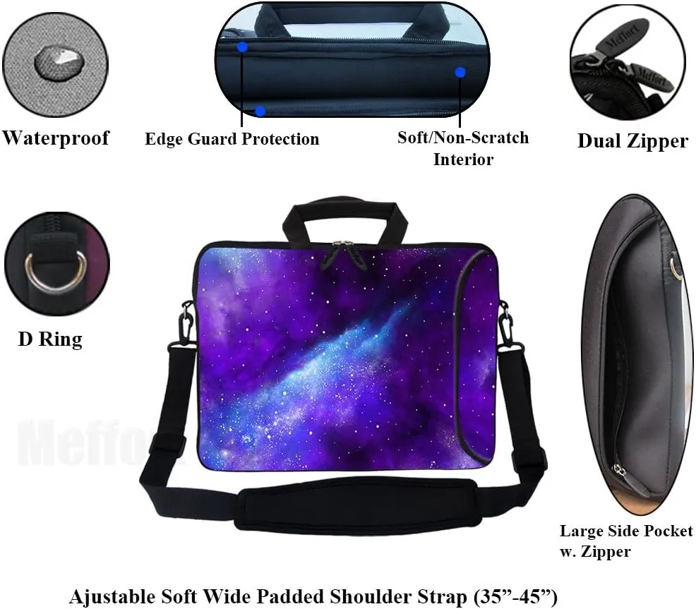 Meffort Inc 17 Inch Neoprene Laptop Bag with Extra Side Pocket, Soft Carrying Handle & Removable Shoulder Strap Fit 16" to 17.3" Size - Galaxy Universe