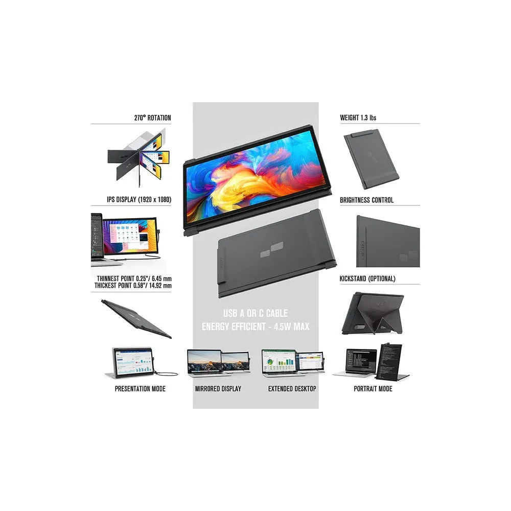 MOBILE PIXEL Portable Laptop Monitor Deux Plus 13.3 - USB C-C/A Cable - Black