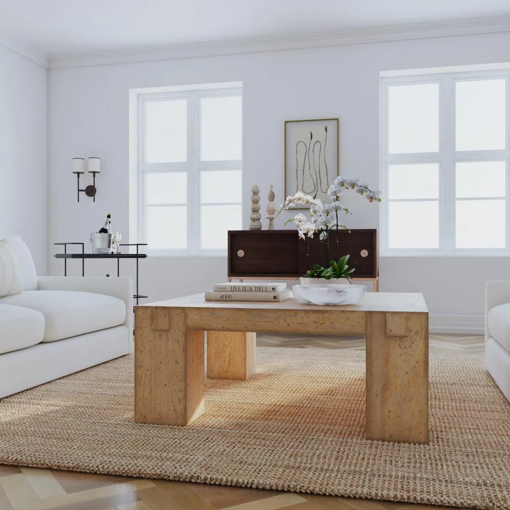 Modern Chunky Square Cocktail Table Solid Mindi Wood Natural Finish 42 inch