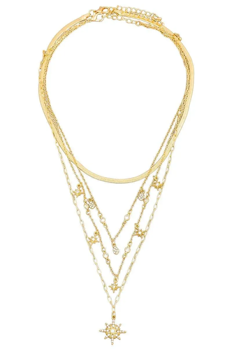 Multi Layered Pave Star Teardrop Charm Necklace