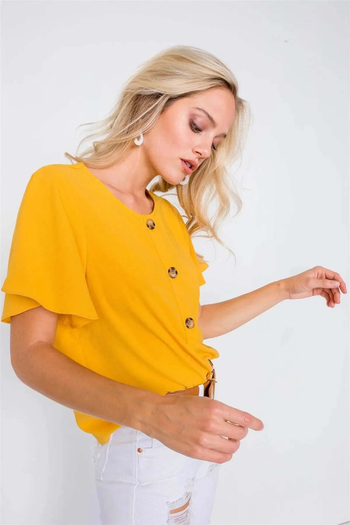 Mustard Round Neck Office Chic Butterfly Sleeve Chic Top  /2-2-2