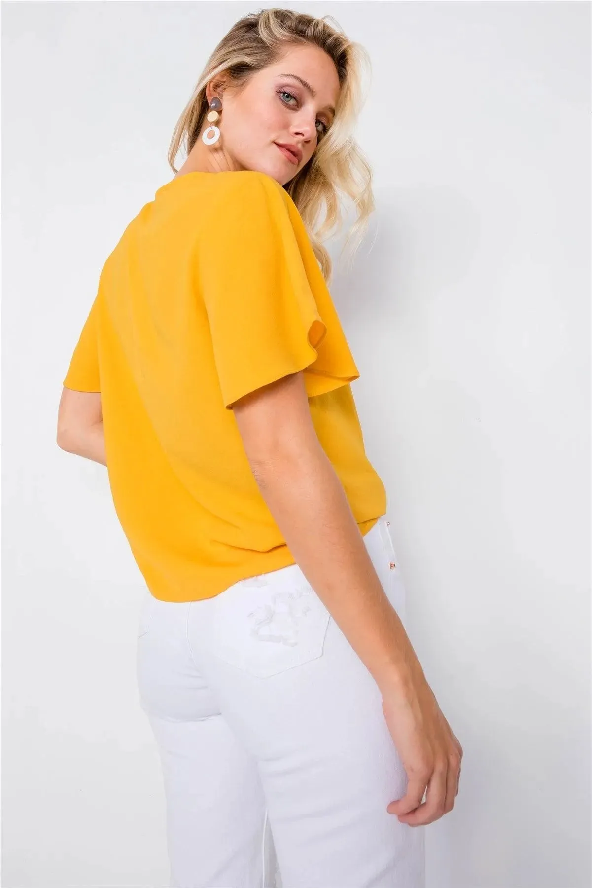 Mustard Round Neck Office Chic Butterfly Sleeve Chic Top  /2-2-2
