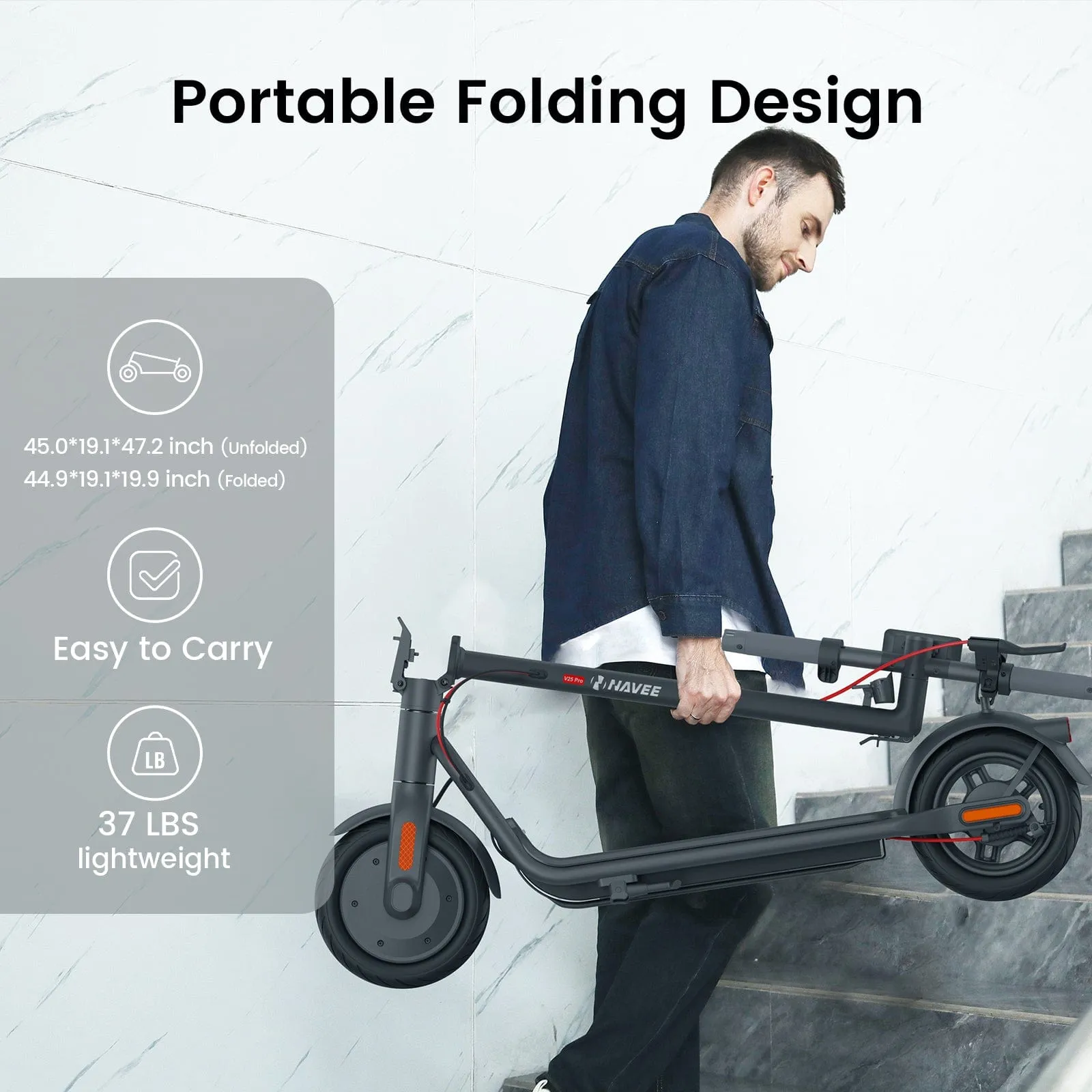 NAVEE V25 Pro Electric Scooter w/15.5 mi Max Operating Range & 18.6 mph Max Speed - Black