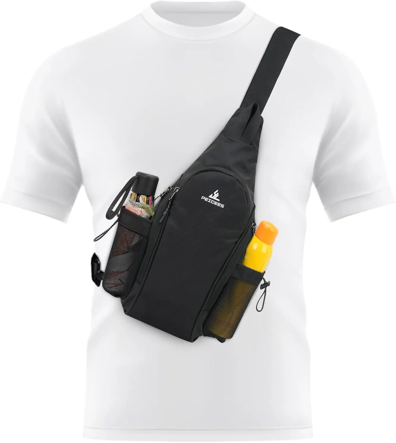 Peicees Small Sling Bag with 2 Bottle Holders, Sling Backpack Crossbody Bag Chest Daypack for Daily Use Travel, Bottle Not Included, Black