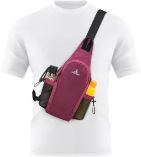 Peicees Small Sling Bag with 2 Bottle Holders, Sling Backpack Crossbody Bag Chest Daypack for Daily Use Travel, Bottle Not Included, Dark Rose