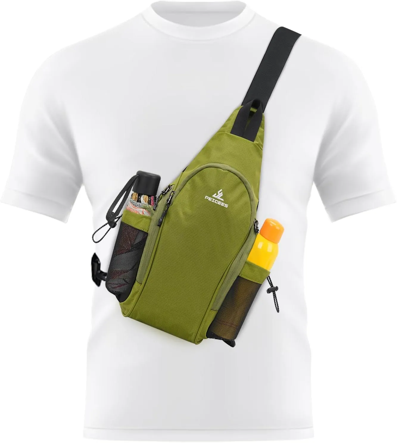 Peicees Small Sling Bag with 2 Bottle Holders, Sling Backpack Crossbody Bag Chest Daypack for Daily Use Travel, Bottle Not Included, Green
