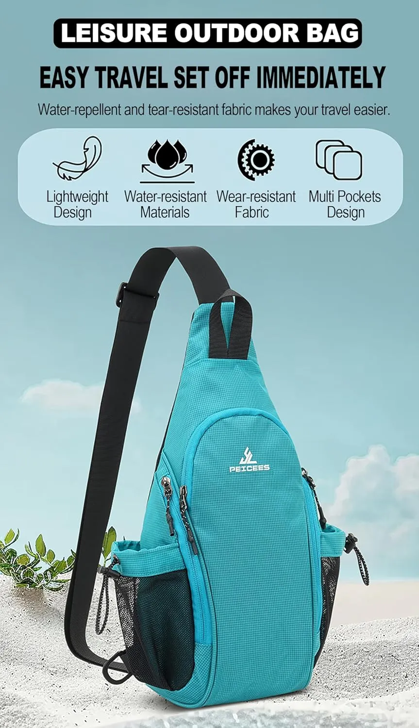 Peicees Small Sling Bag with 2 Bottle Holders, Sling Backpack Crossbody Bag Chest Daypack for Daily Use Travel, Bottle Not Included, Green