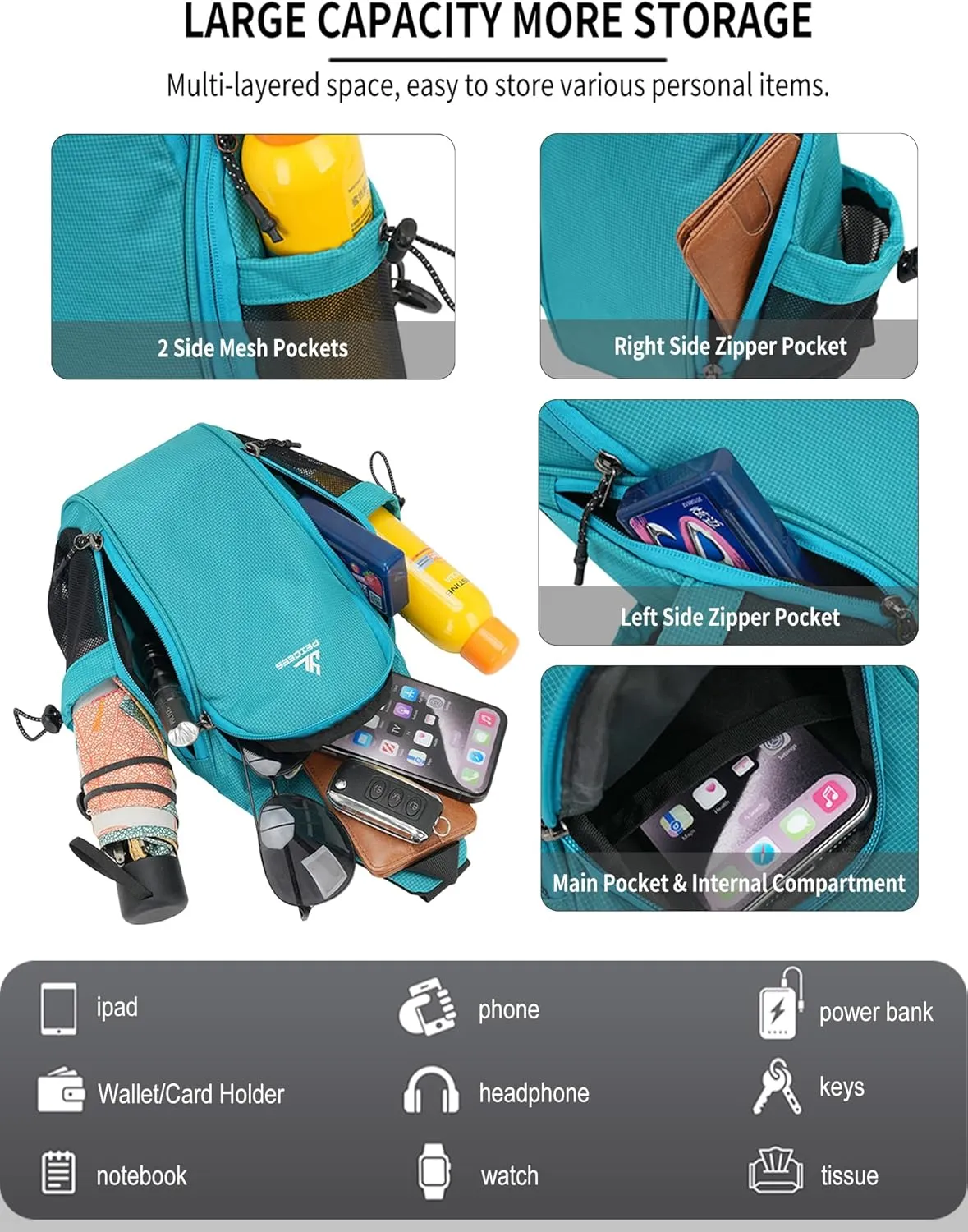 Peicees Small Sling Bag with 2 Bottle Holders, Sling Backpack Crossbody Bag Chest Daypack for Daily Use Travel, Bottle Not Included, Green