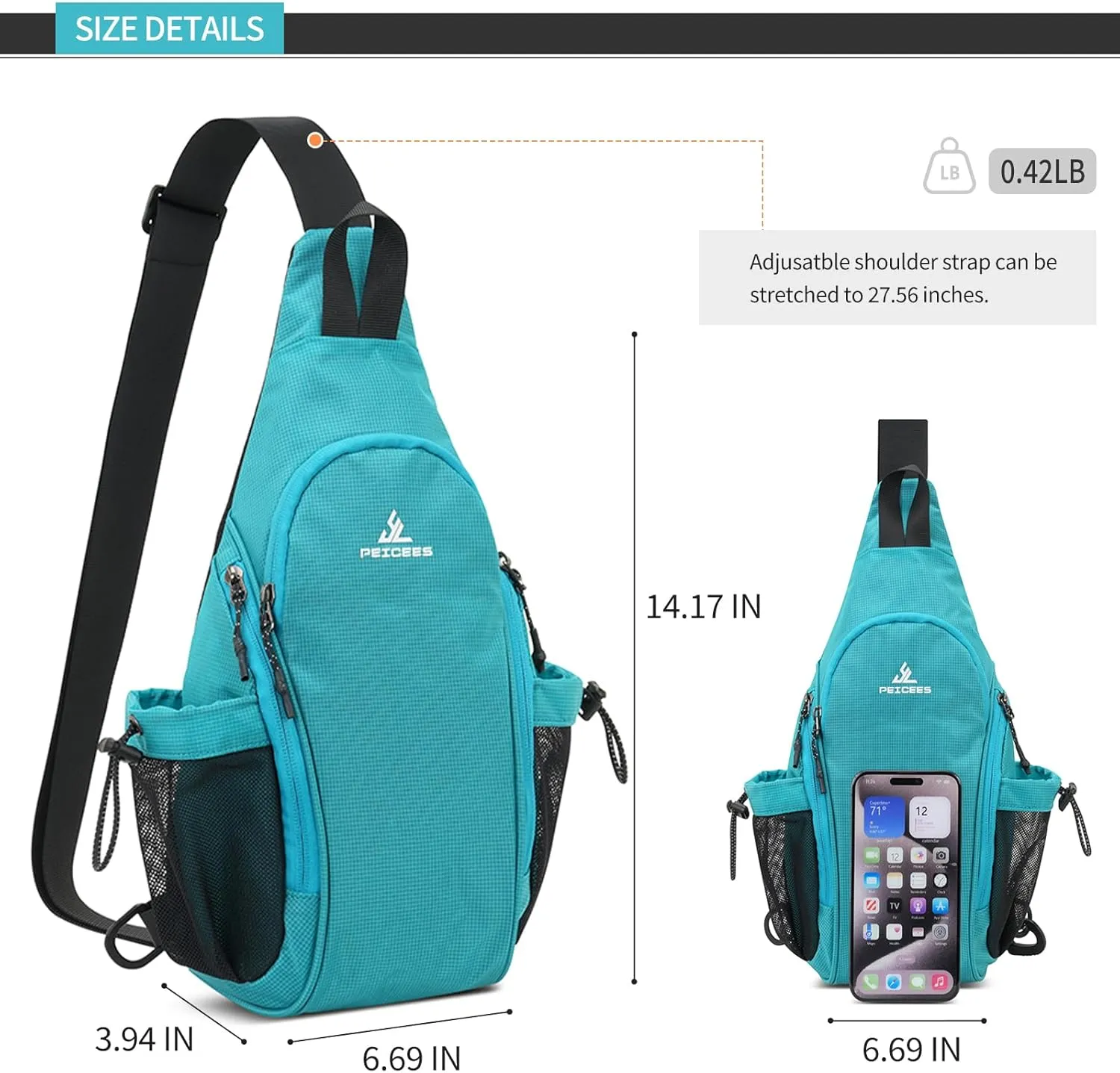 Peicees Small Sling Bag with 2 Bottle Holders, Sling Backpack Crossbody Bag Chest Daypack for Daily Use Travel, Bottle Not Included, Green
