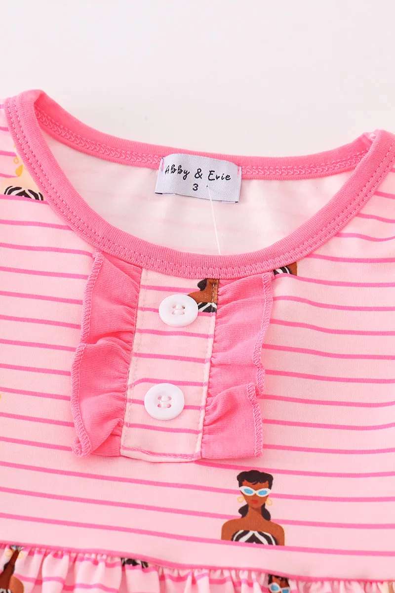 Pink stripe barbie print ruffle dress