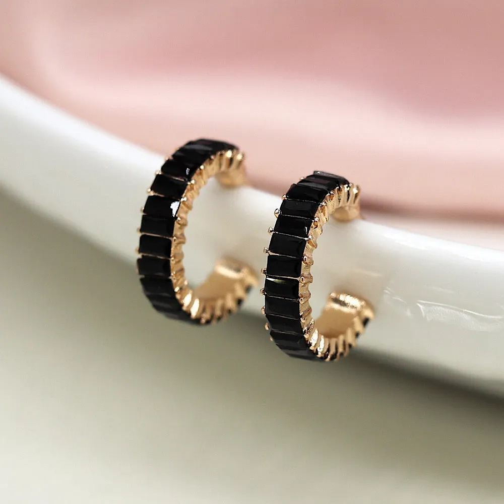 POM Faux Gold Black Oblong Crystal Hoop Earrings