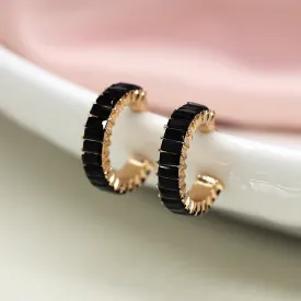 POM Faux Gold Black Oblong Crystal Hoop Earrings