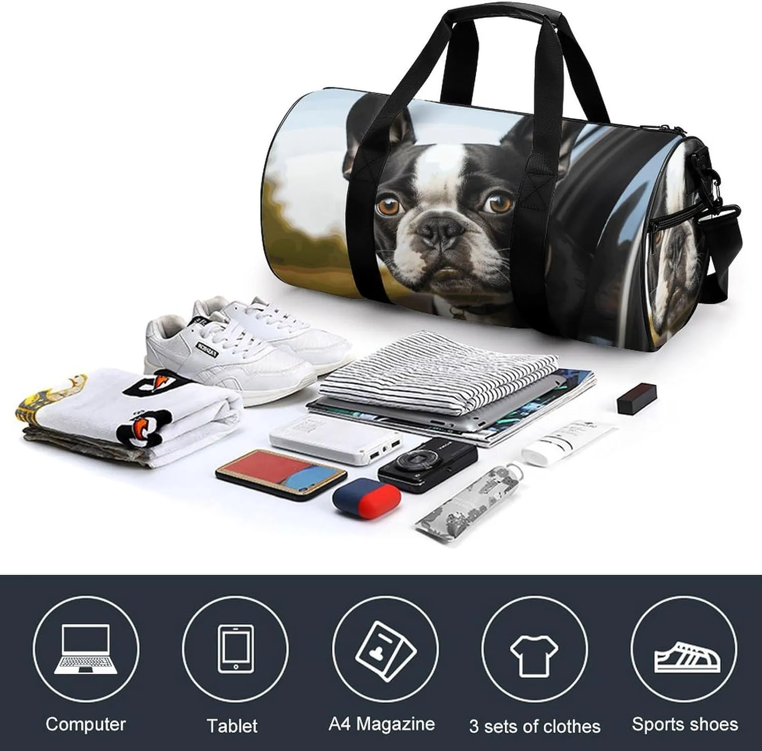 Puppy Dog Boston Terrier Gym Bag Small Travel Duffle Bag with Compartment Carry On Weekender Bag for Women Men