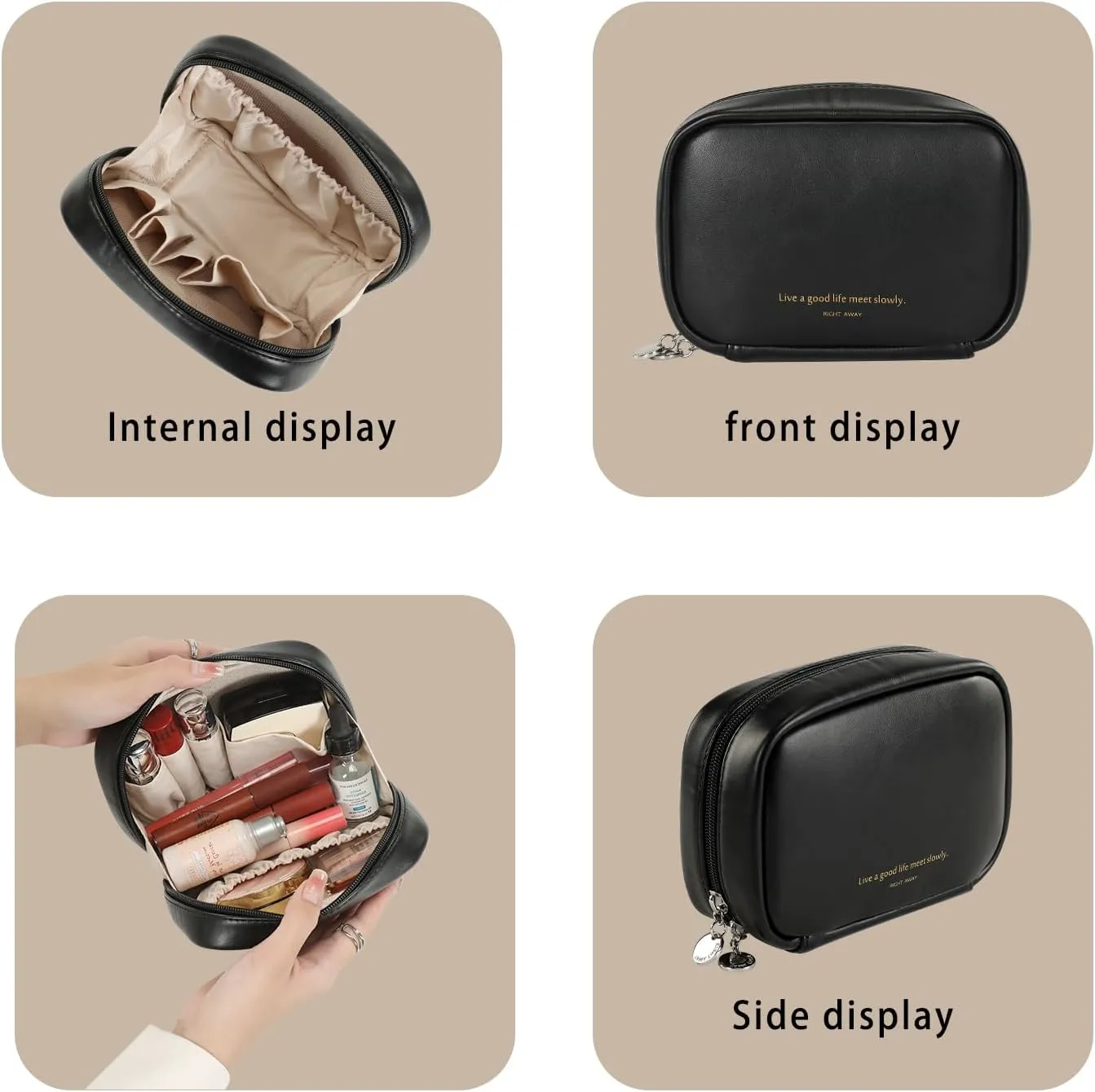 RIGHT AWAY Makeup Bag,Travel Cosmetic Bag Organizer with Zipper,Waterproof Toiletry Bags Makeup Pouch for Purse, Small Make Up Bag &Cases with Compartments for Women GirlsBlack