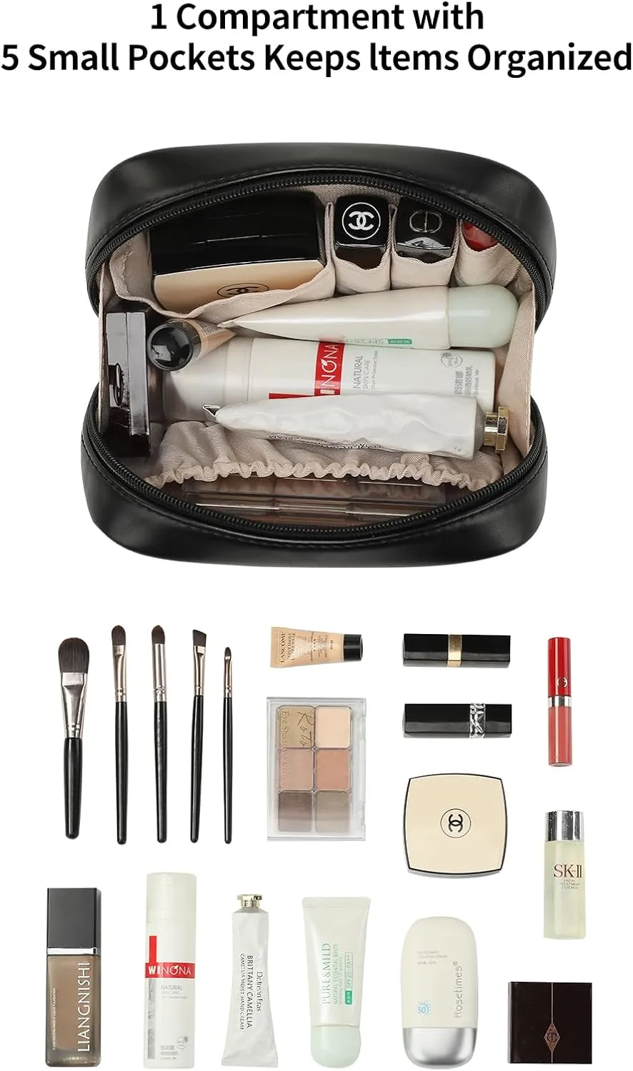 RIGHT AWAY Makeup Bag,Travel Cosmetic Bag Organizer with Zipper,Waterproof Toiletry Bags Makeup Pouch for Purse, Small Make Up Bag &Cases with Compartments for Women GirlsBlack