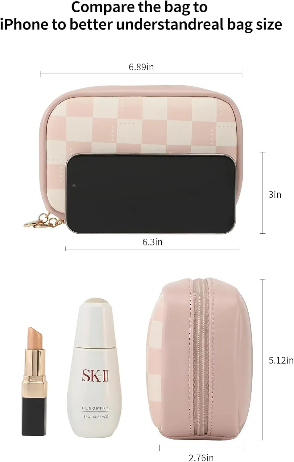 RIGHT AWAY Makeup Bag,Travel Cosmetic Bag Organizer with Zipper,Waterproof Toiletry Bags Makeup Pouch for Purse, Small Make Up Bag &Cases with Compartments for Women GirlsPink Checkerboard